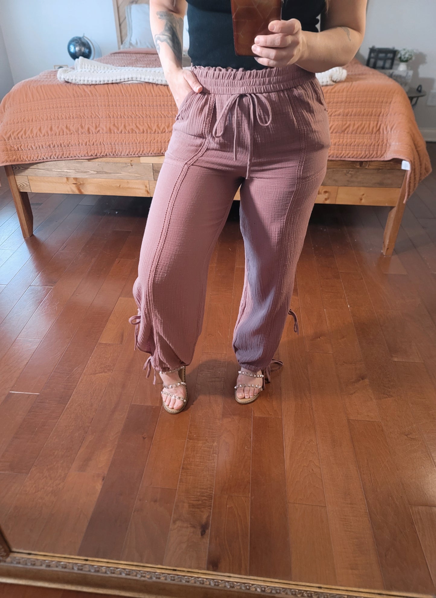 Living The Fairytale Mauve Gauze Lace Trim Harem Pants