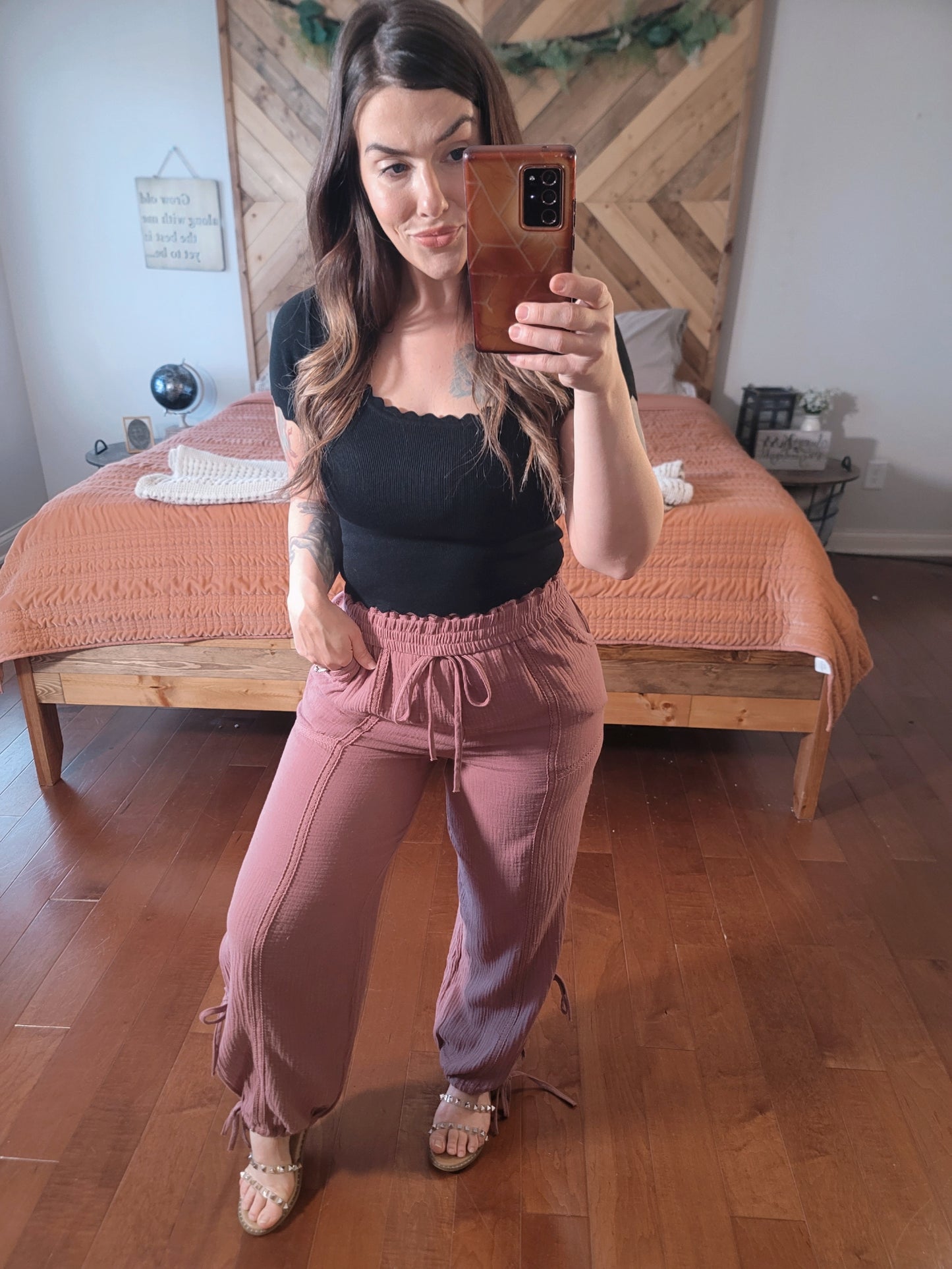 Living The Fairytale Mauve Gauze Lace Trim Harem Pants