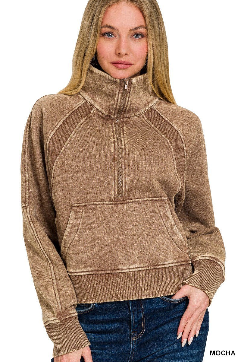 Track Meet Half Zip Acid Wash Pullover- Mocha