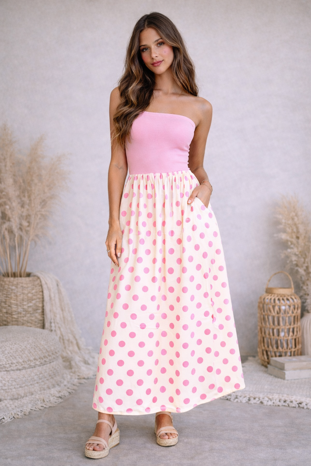 Running In Circles Pink Polka Dot Strapless Maxi