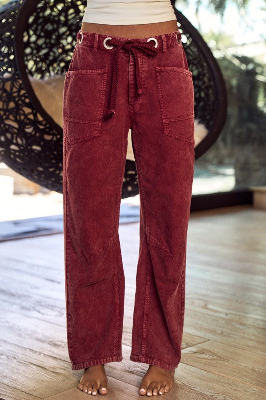 Happy Holidays Burgundy Corduroy Barrel Pants