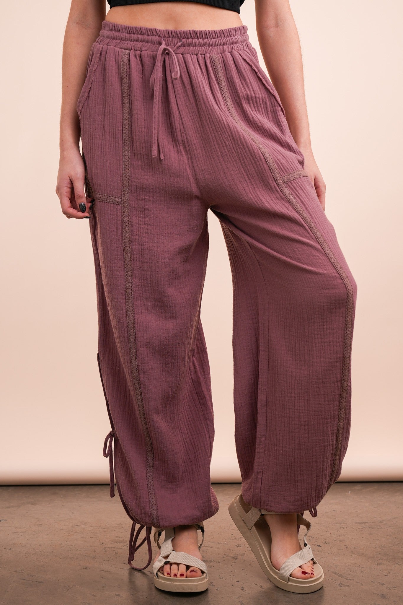 Living The Fairytale Mauve Gauze Lace Trim Harem Pants