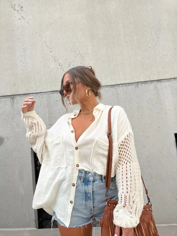 Down By The Shore Natural Crochet Sleeve Gauze Button Down
