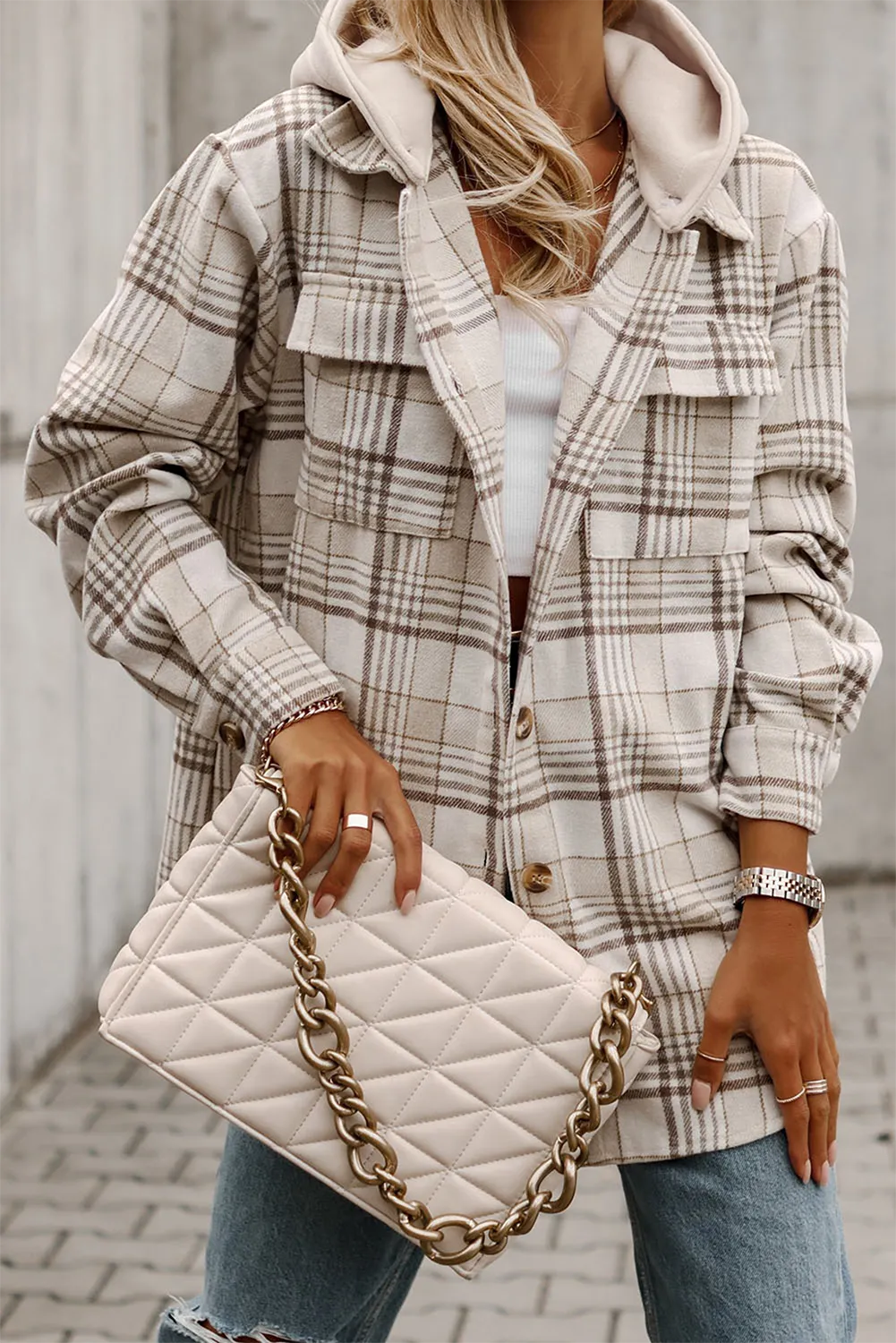 Pre-Order Staying Neutral Taupe Plaid Shacket with Removable Hood