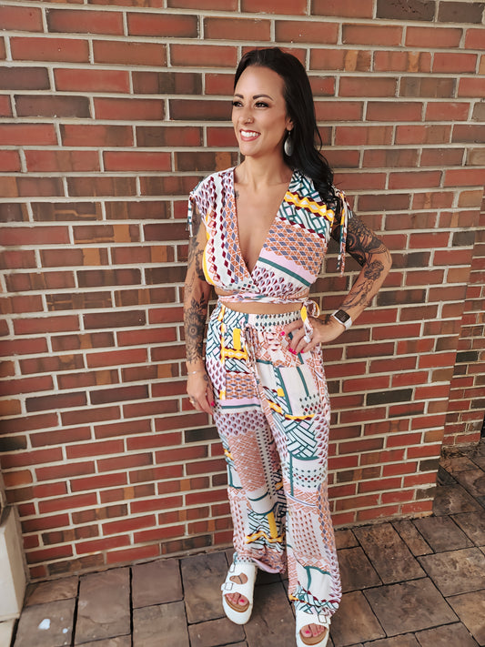 Around The World Abstract Print Wide Leg Pants Set