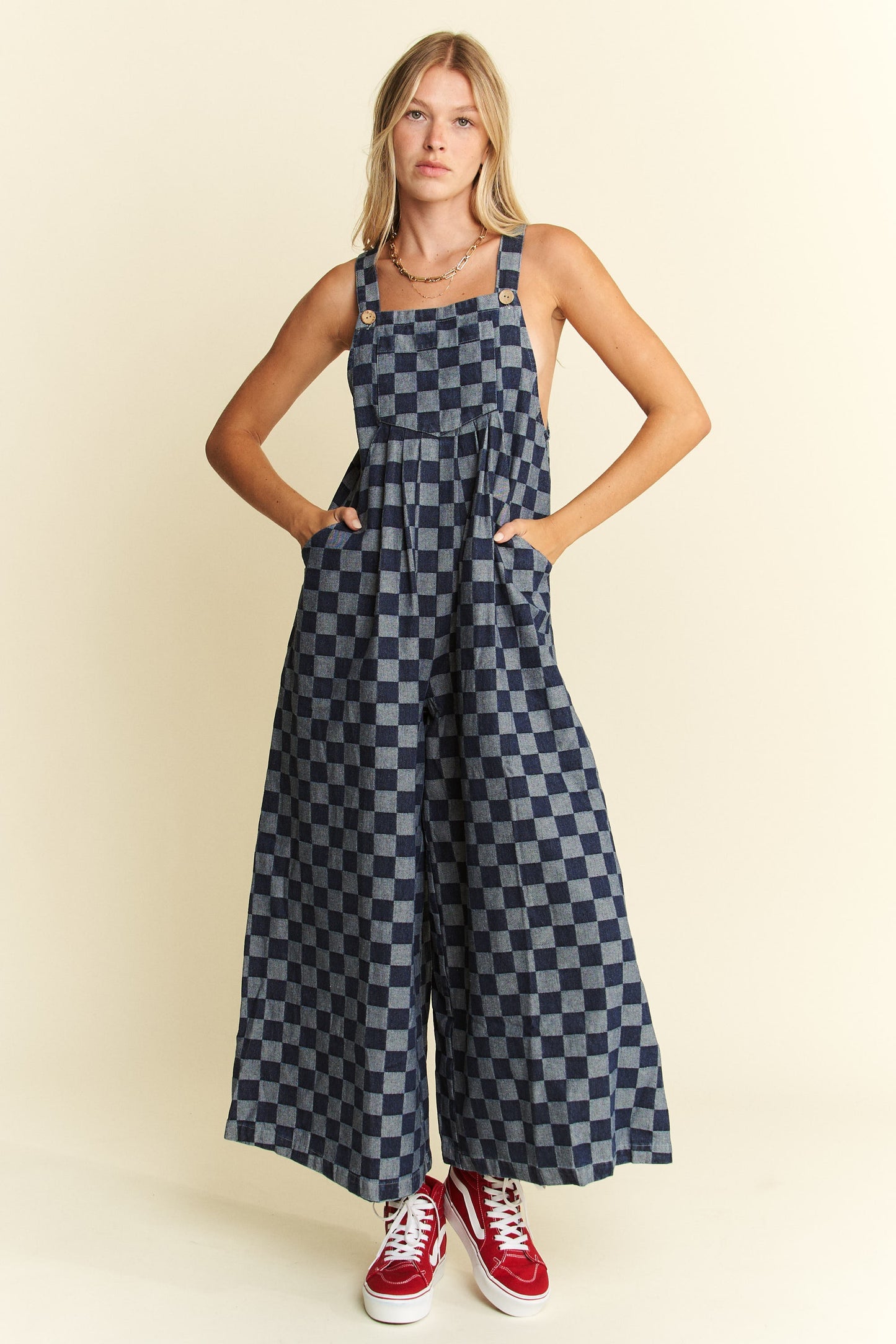 Ready Set Go Checkered Denim Overalls