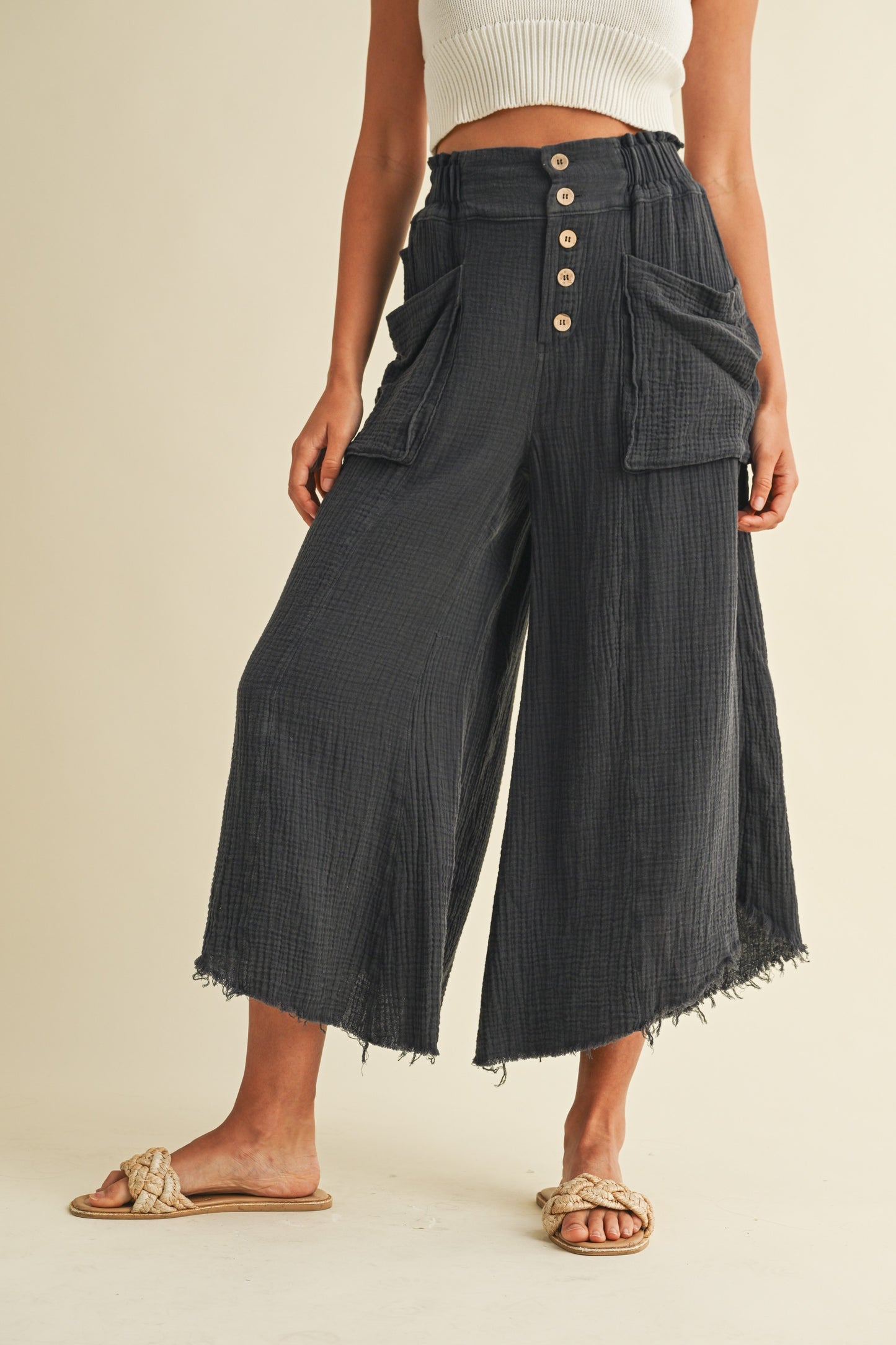 Yours Truly Charcoal Mineral Washed Linen Wide Leg Pants