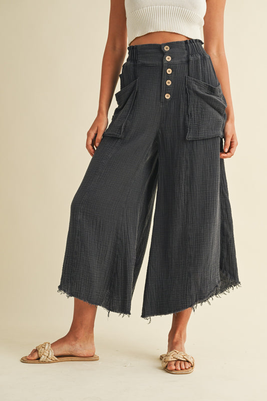 Yours Truly Charcoal Mineral Washed Linen Wide Leg Pants