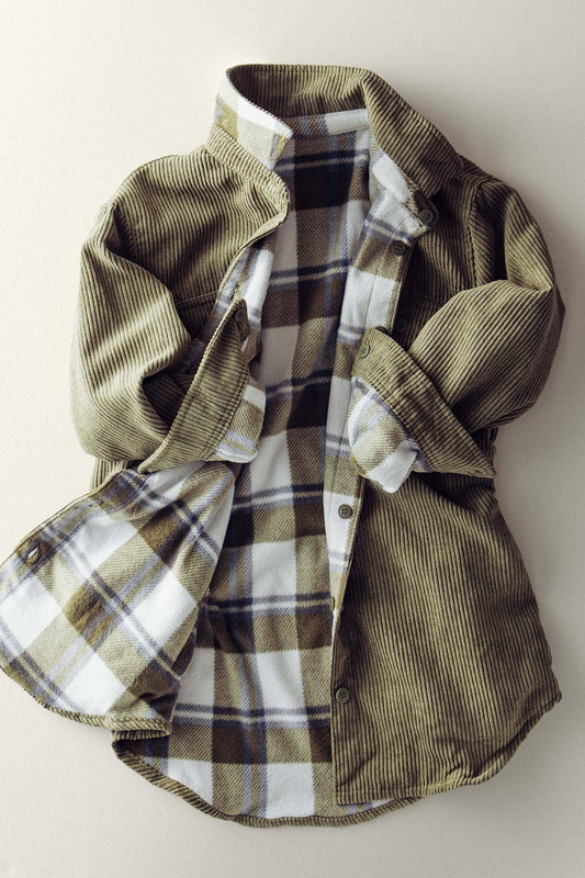 Two Sides To Every Story Reversible Plaid Corduroy Shacket- Olive