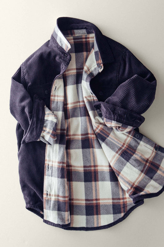 Two Sides To Every Story Reversible Plaid Corduroy Shacket- Black