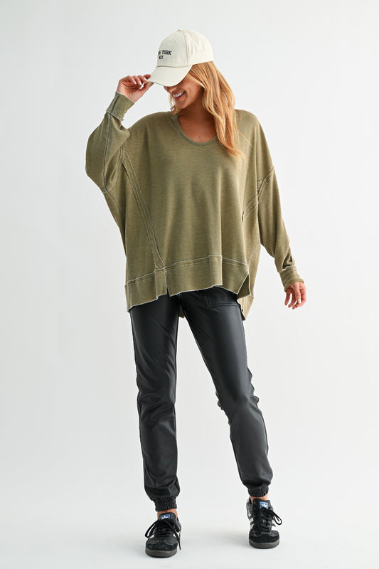 The Fall Staple Waffle Knit Sweatshirt- Camo Green