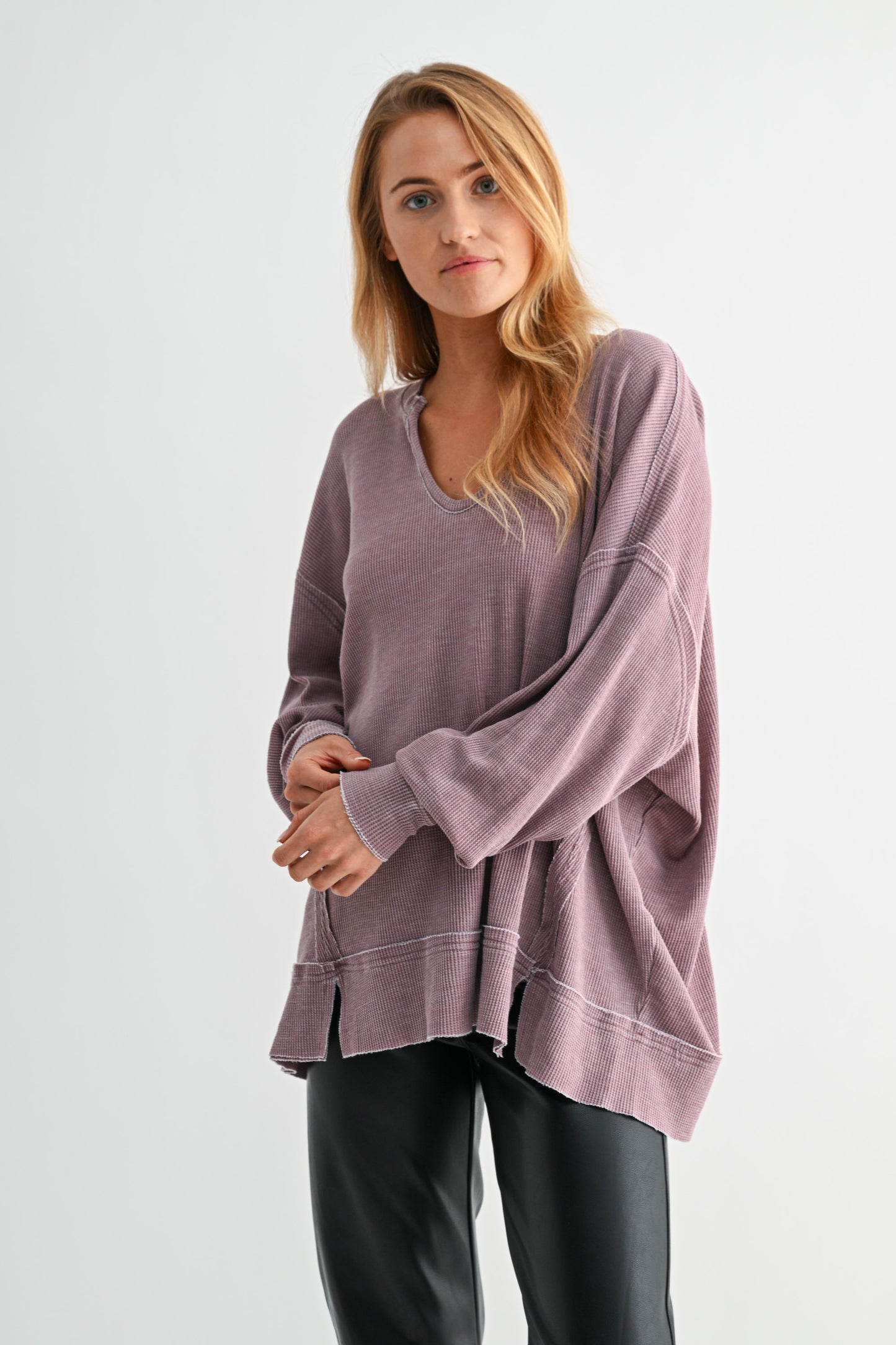 The Fall Staple Waffle Knit Sweatshirt- Rose