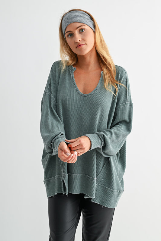 The Fall Staple Waffle Knit Sweatshirt- Teal