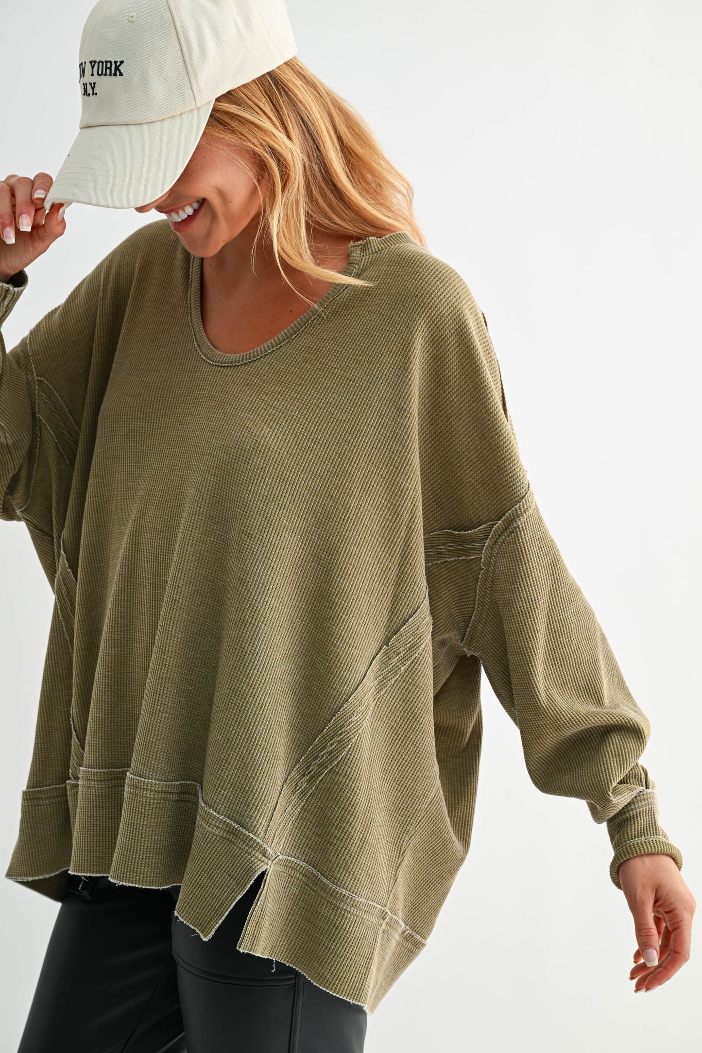 The Fall Staple Waffle Knit Sweatshirt- Camo Green
