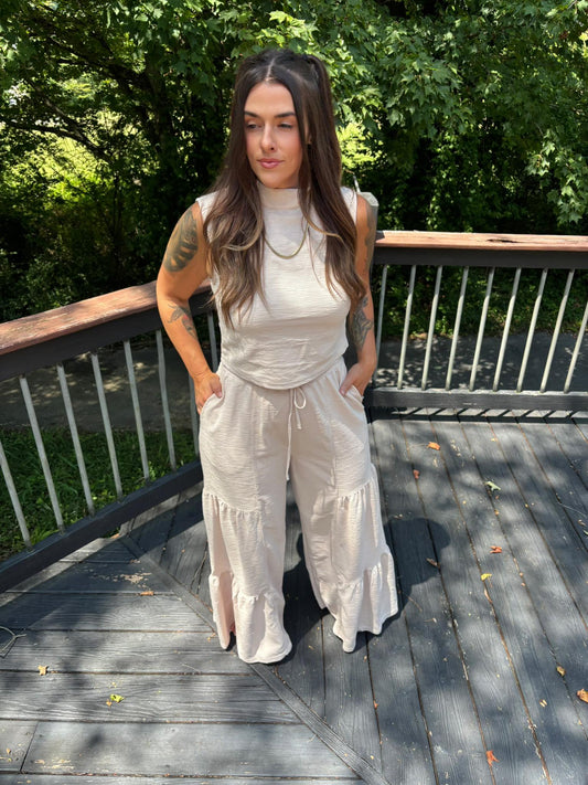 Simple Love Cream Wide Leg Pant Set