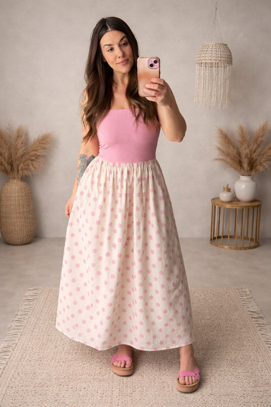 Running In Circles Pink Polka Dot Strapless Maxi