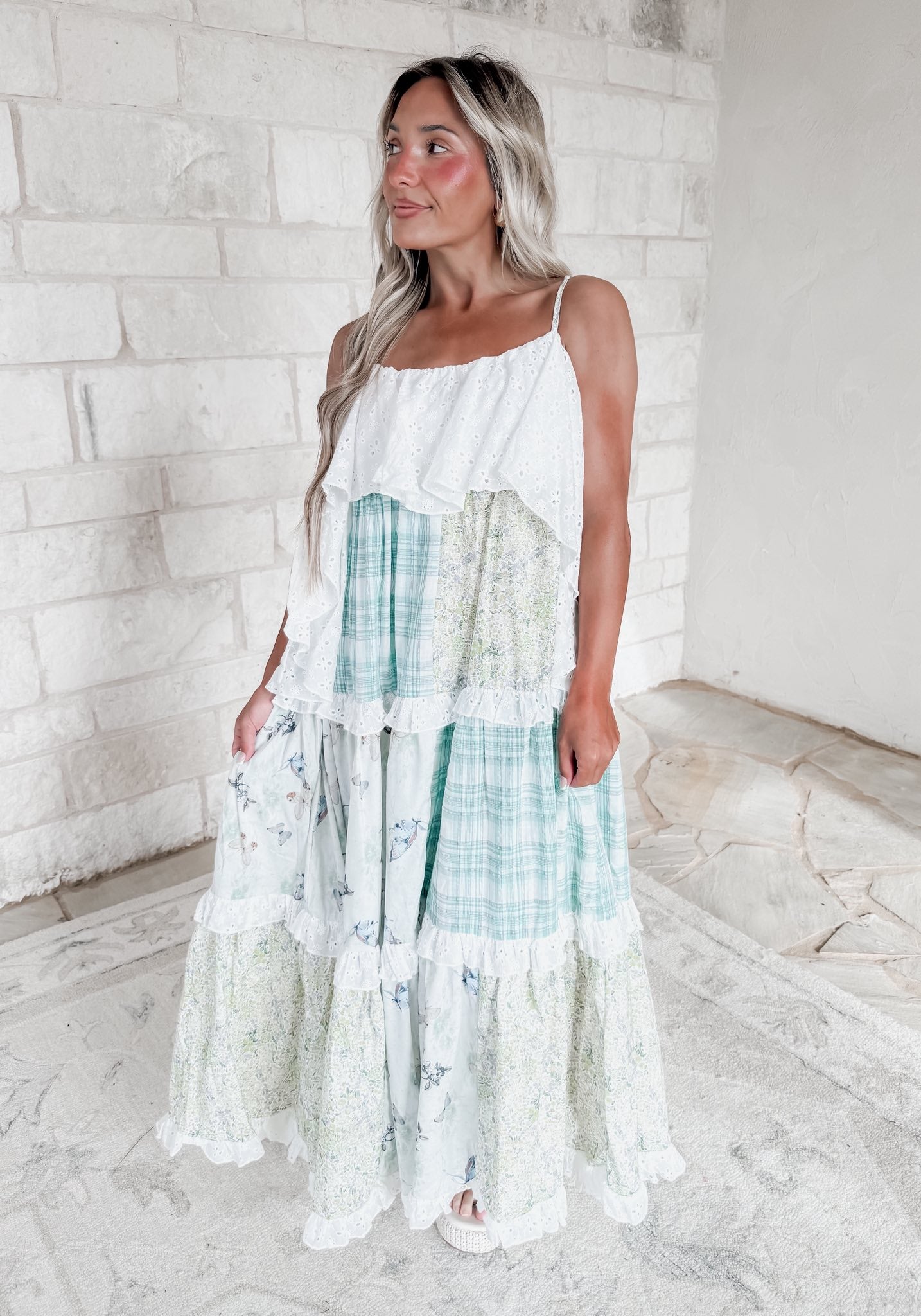 Dreaming Of You Tiered Patchwork Maxi Dress- Olive