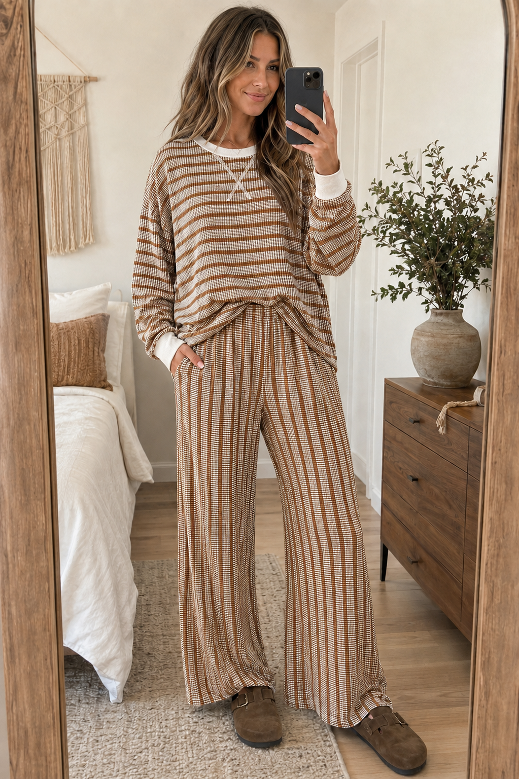 Out and About Ribbed Striped Pullover Set- Brown