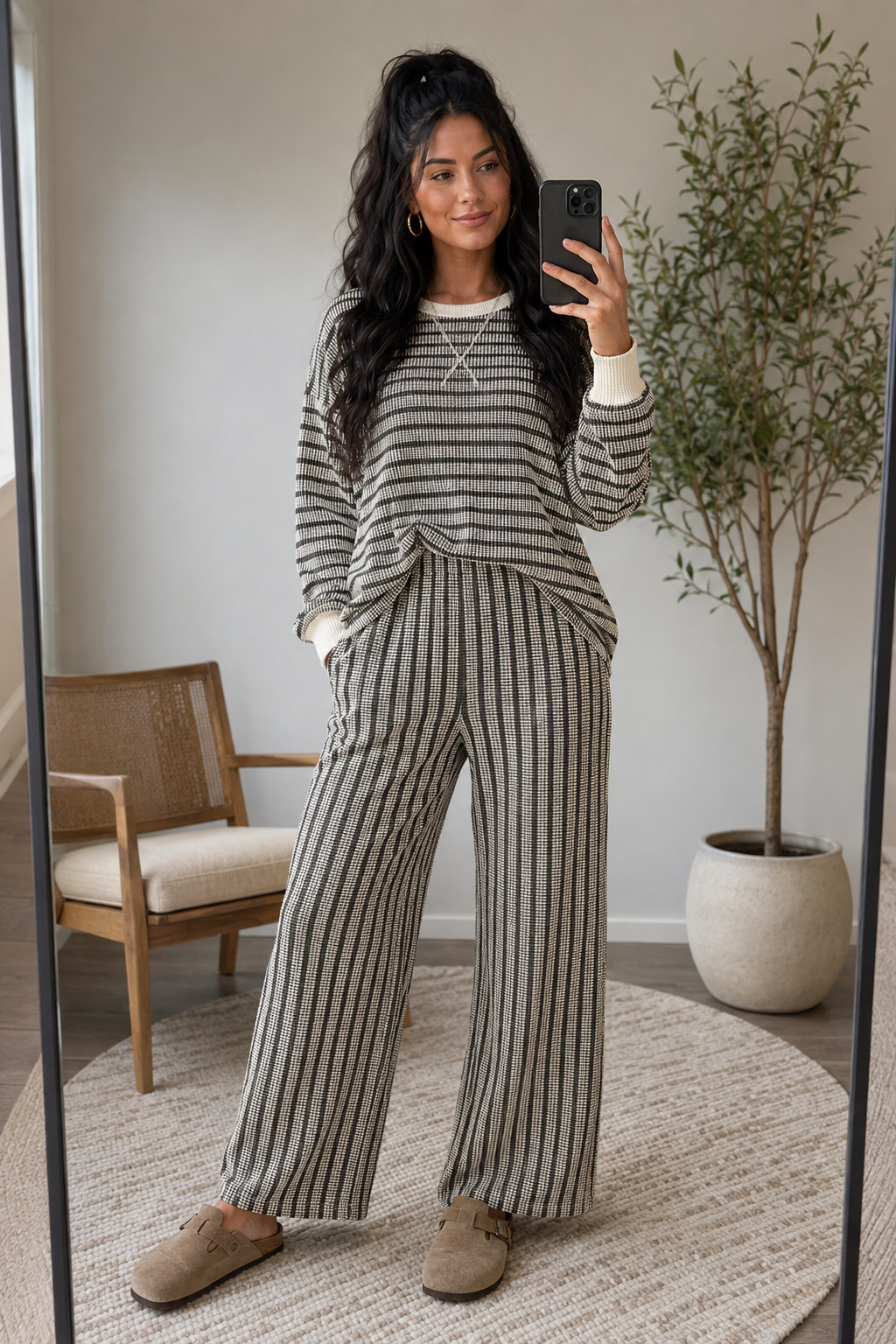 Out and About Ribbed Stripe Pullover Set- Black