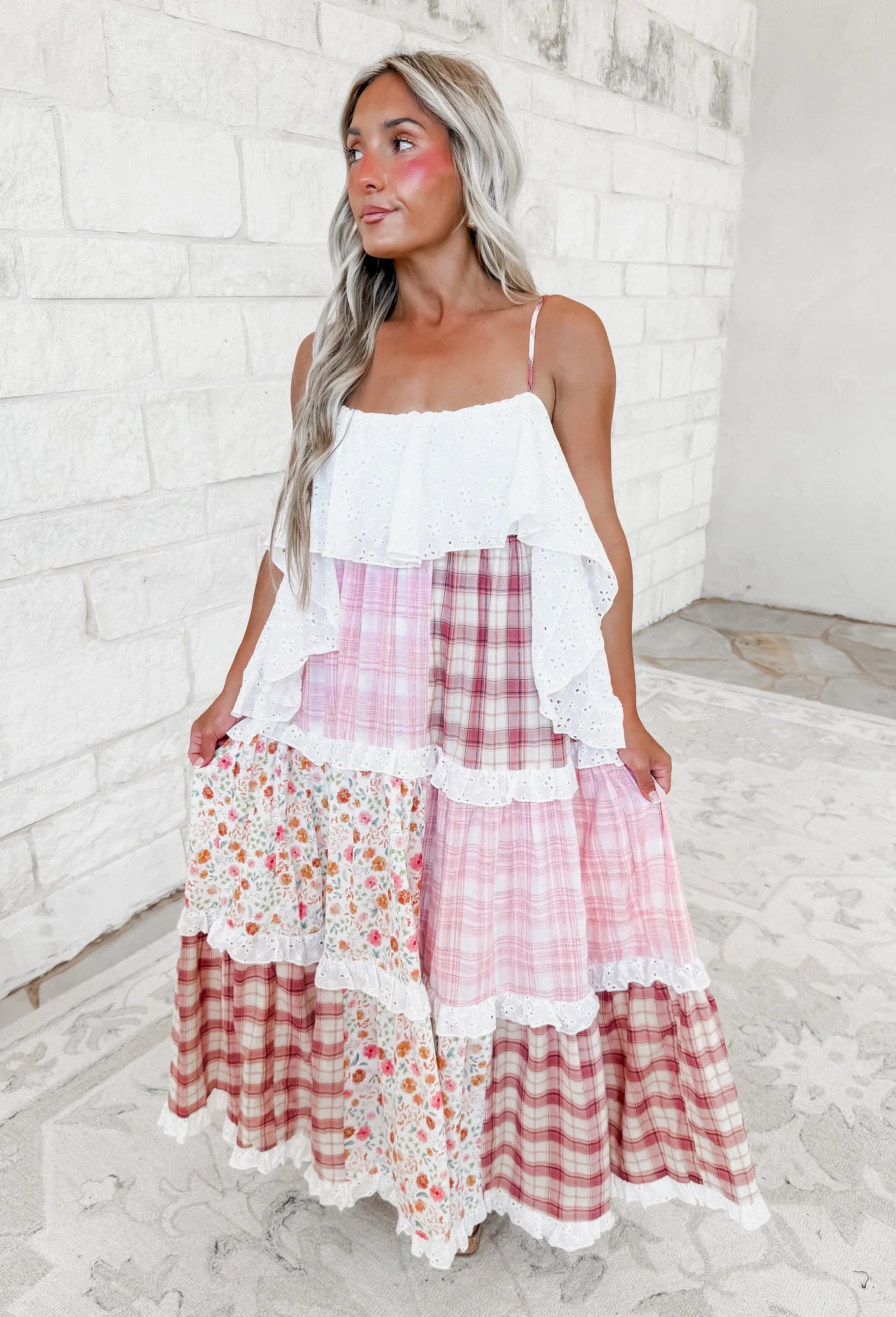Dreaming Of You Tiered Patchwork Maxi Dress- Pink
