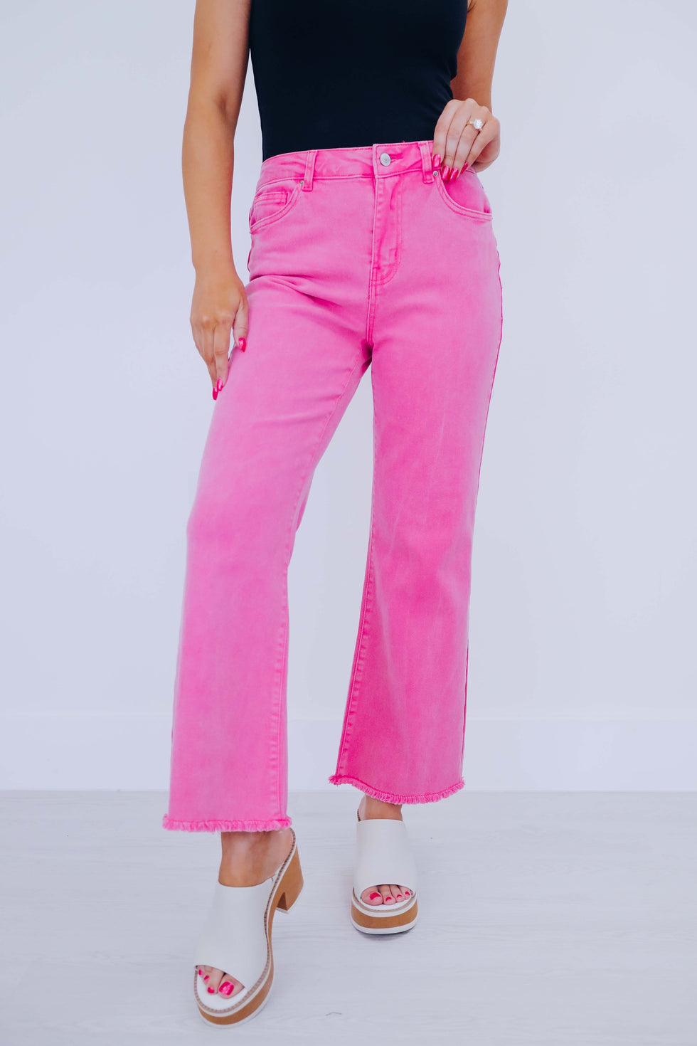 Margot Hot Pink Acid Wash Crop Jeans