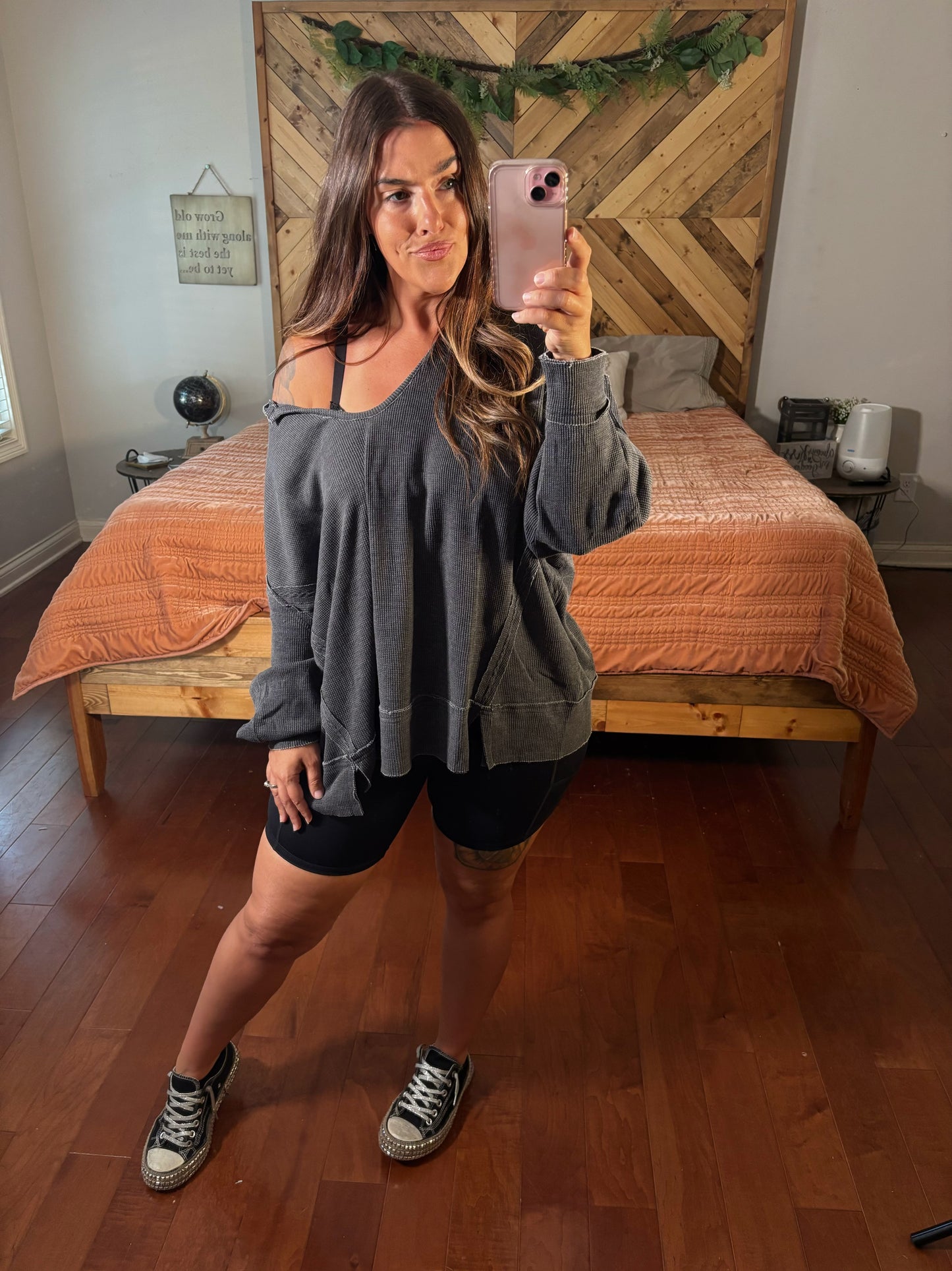 Schedule You In Biker Shorts and Waffle Knit Pullover Set