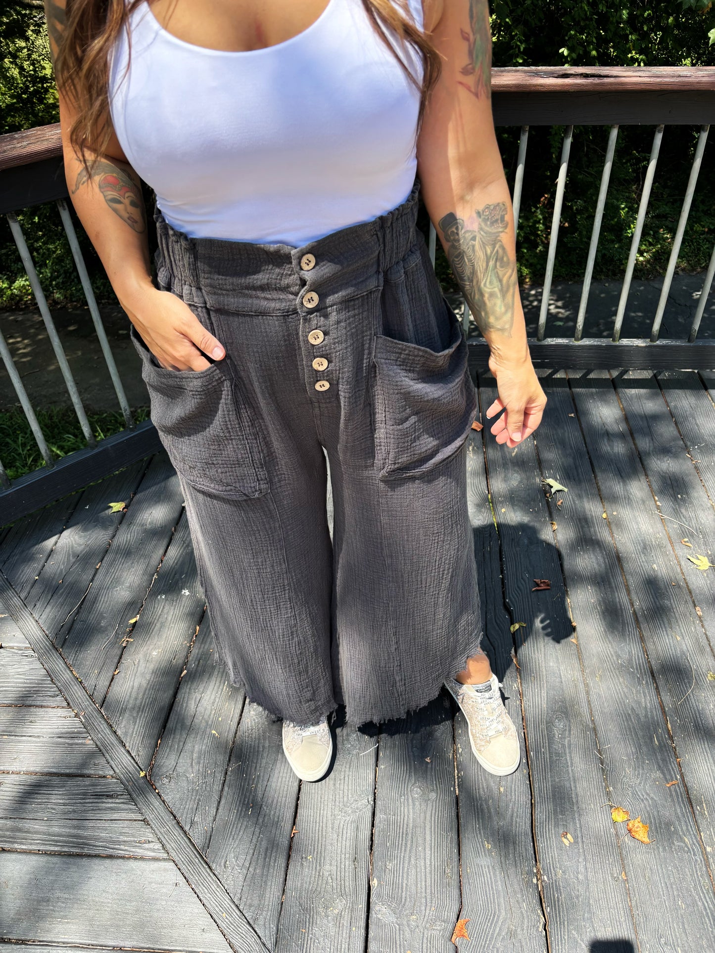 Yours Truly Charcoal Mineral Washed Linen Wide Leg Pants