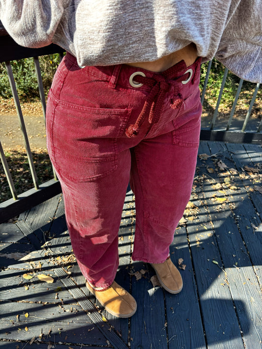 Happy Holidays Burgundy Corduroy Barrel Pants