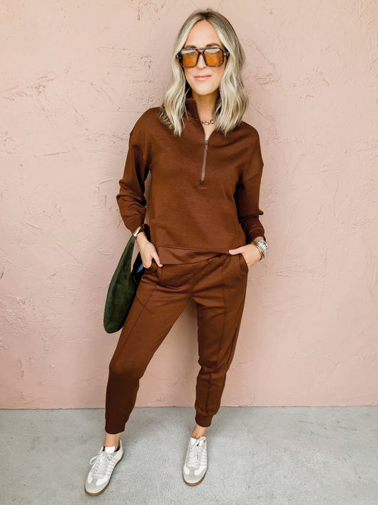 Girls Run The World Pullover Jogger Set- Brown